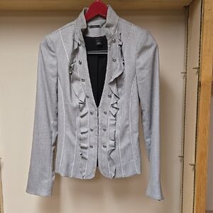 Gray Fitted Blazer with Ruffled Collar